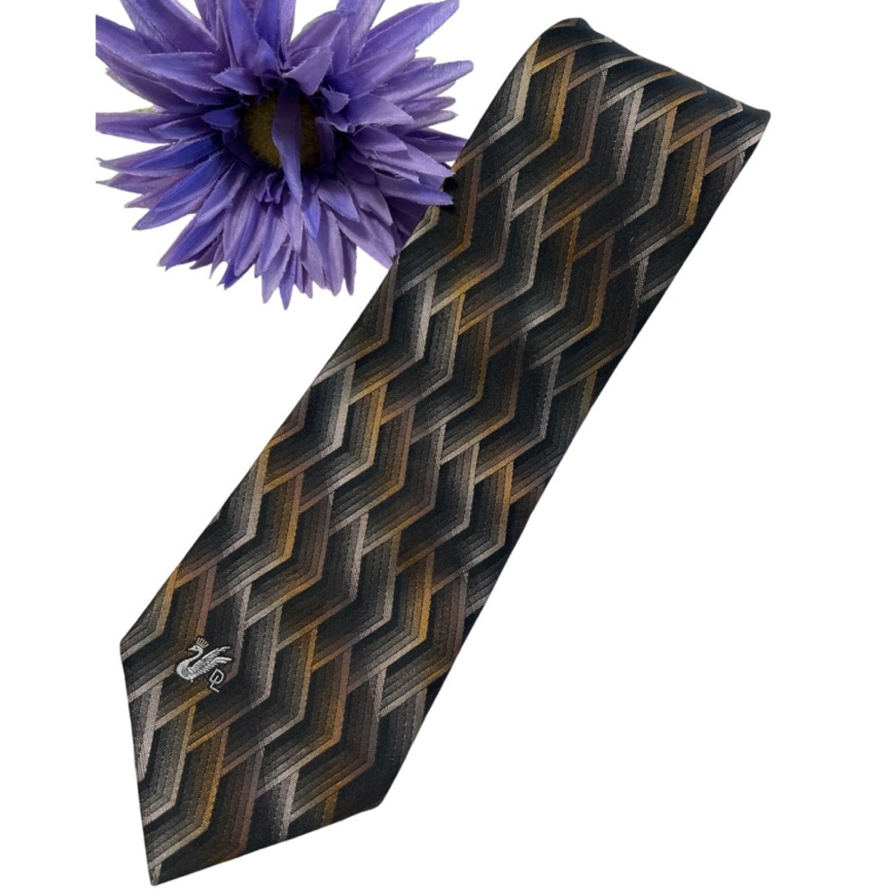 Vintage Don Loper Beverly Hills Geometric Tie Silver/Black/Brown Chevron